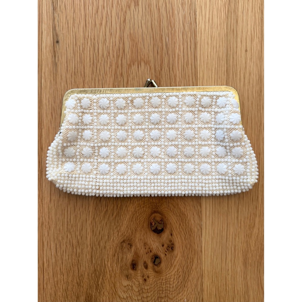 Vtg Mid Century Style by Regal White Floral Candy Beaded Clutch